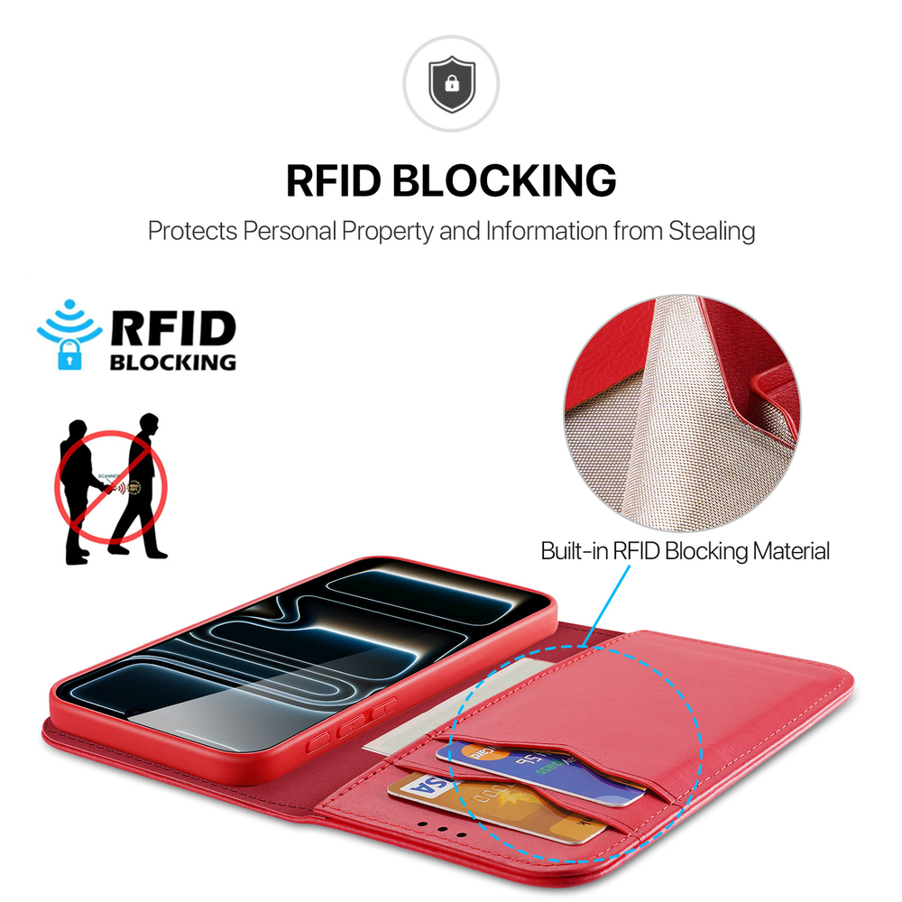 Чехол книжка из натуральной кожи красного цвета для iPhone 17 Pro, серия Hivo Series Case (защита RFID) от Dux Ducis