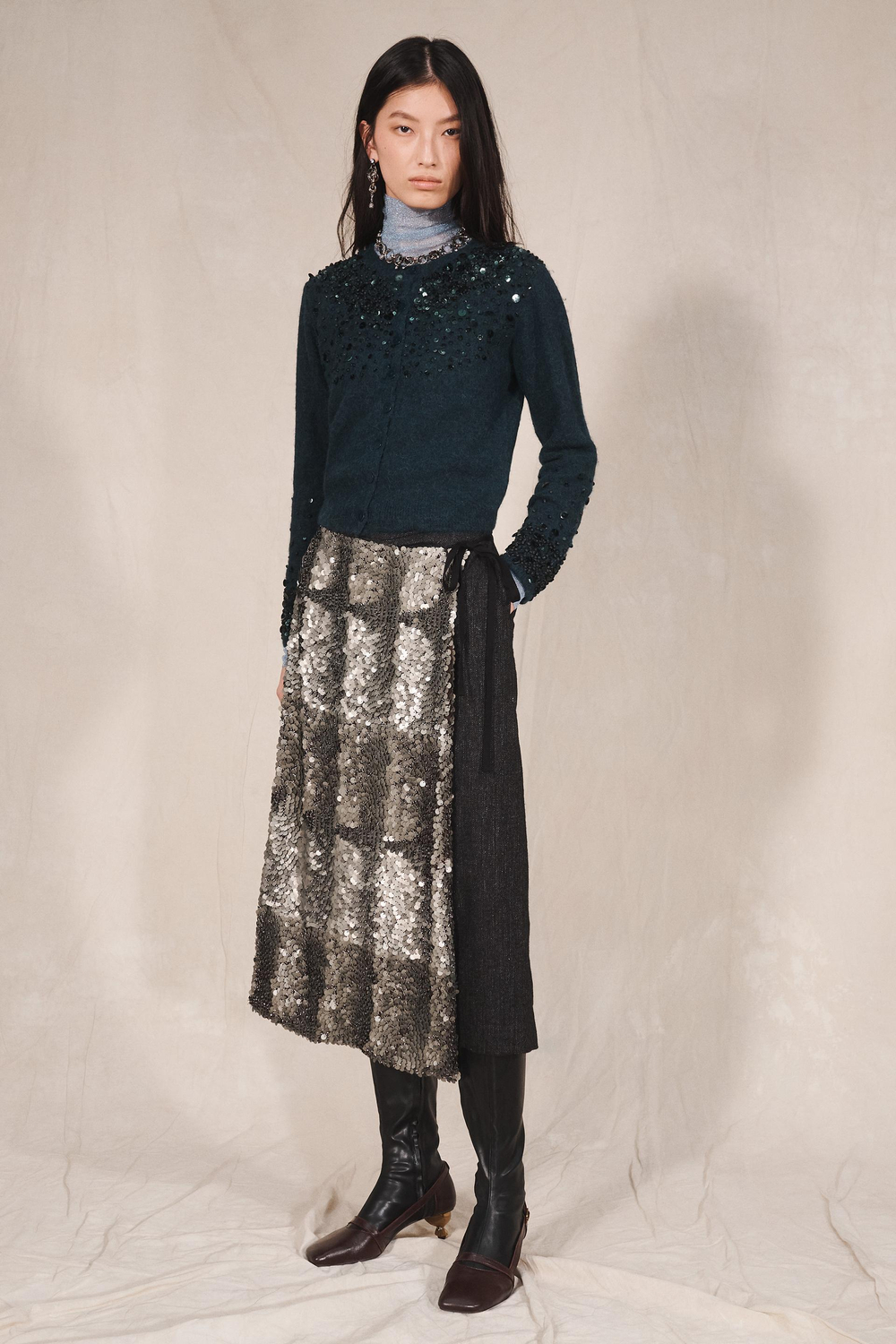 ZARA ТРИКОТАЖНЫЙ КАРДИГАН С ПАЙЕТКАМИ - LIMITED EDITION, УТИНО-ЗЕЛЕНЫЙ