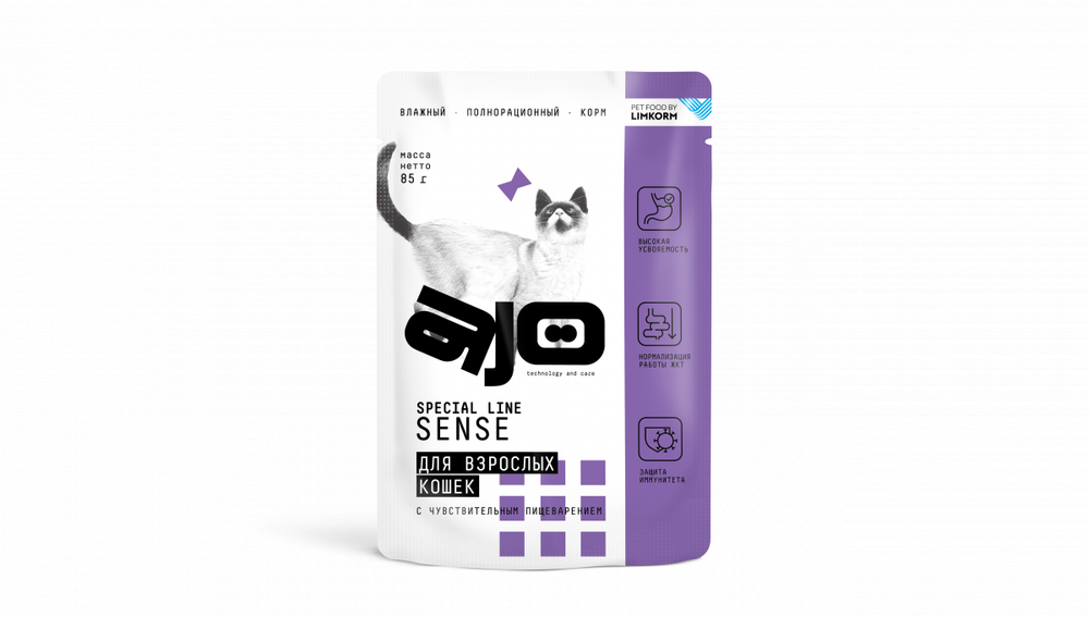 AJO (Айо) Cat Sense Консервированный полнорационный корм для кошек c чувствительным пищеварением, 85 г