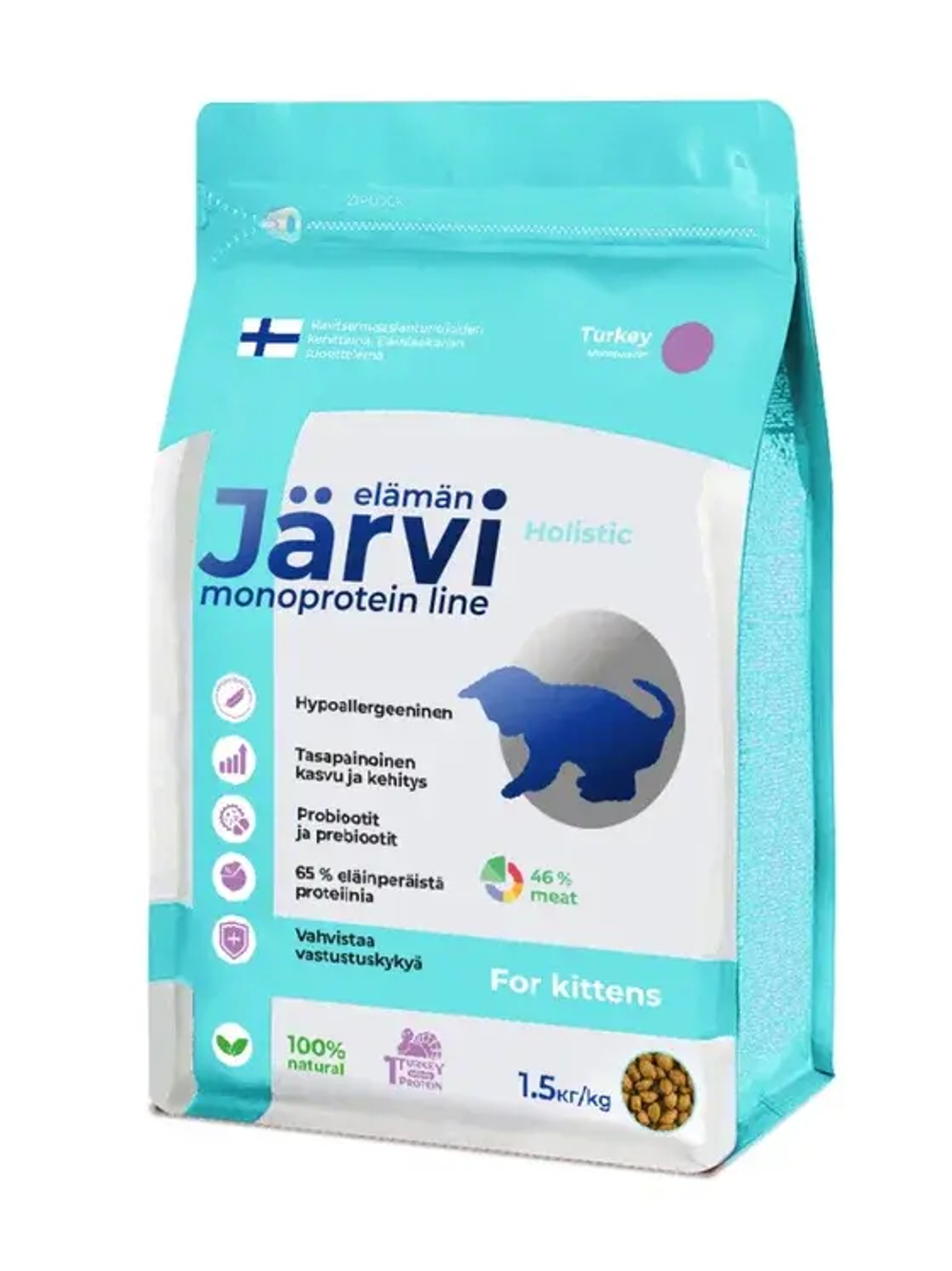 Jarvi сухой монопротеиновый полнорационный корм для котят, Индейка, 1,5кг.