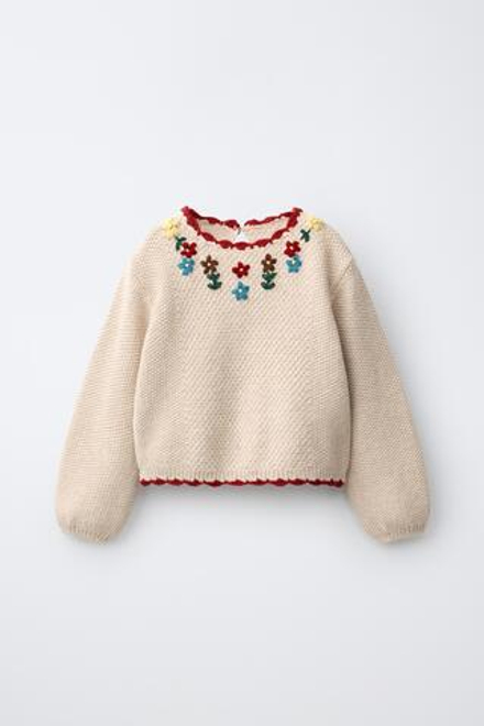 ZARA ДЖЕМПЕР С ЦВЕТОЧНОЙ ВЫШИВКОЙ, СВЕТЛО-БЕЖЕВЫЙ