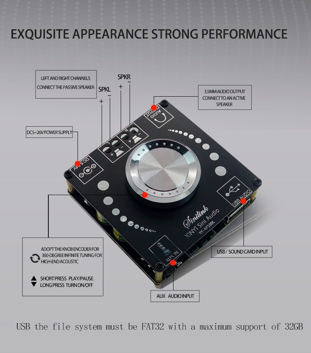 Плата цифрового усилителя мощности XY-AP100L 100 Вт x 2 стерео Bluetooth 5.0 двухканальная плата усилителя