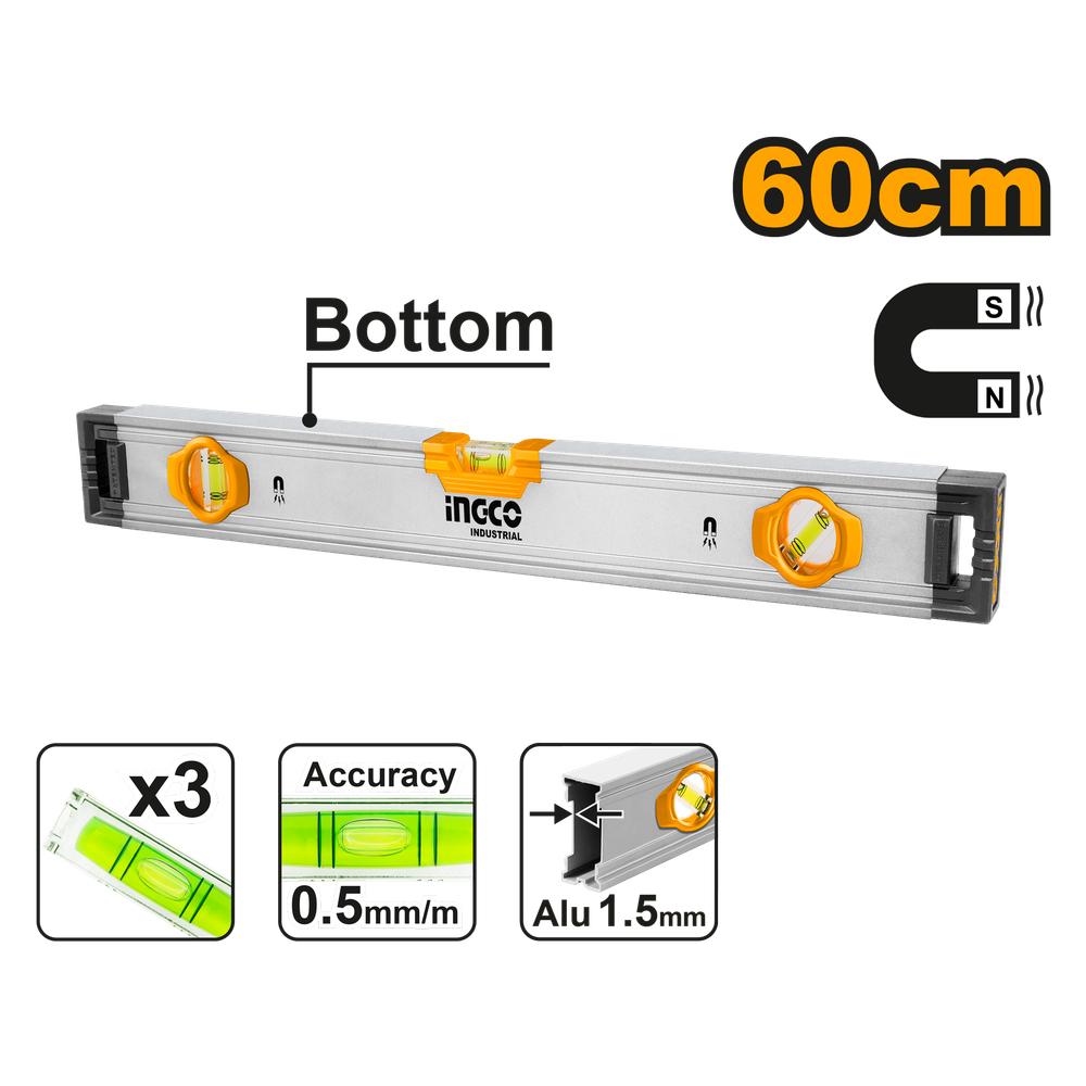 Строительный алюминиевый уровень магнитный INGCO HSL38060M INDUSTRIAL 60 см Строительный алюминиевый уровень магнитный INGCO HSL38060M INDUSTRIAL 60 см