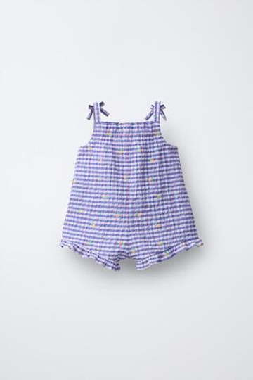 ZARA КОМБИНЕЗОН В КЛЕТКУ ВИШИ С ВЫШИТЫМИ ФРУКТАМИ, СИНЕВАТЫЙ
