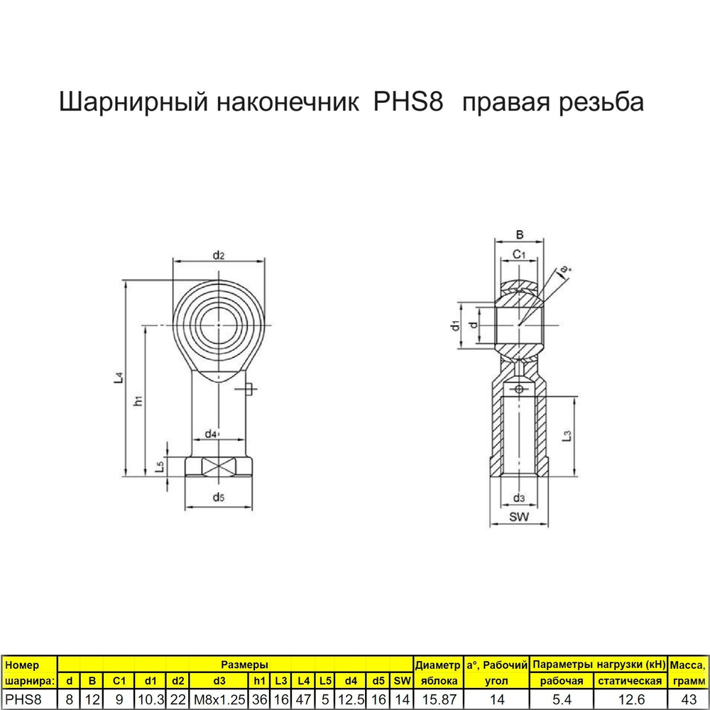 Шарнирный наконечник М10 / PHS10L внутренняя левая резьба / для ЧПУ и спецтехники