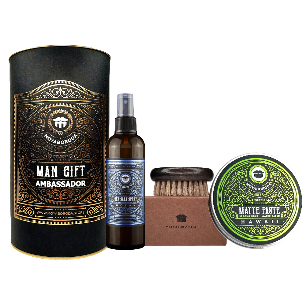 Набор для укладки волос/бороды MOYABORODA "HAIR №3" (Sea Salt Spray + PASTE 100ml + Щетка + Тубус)