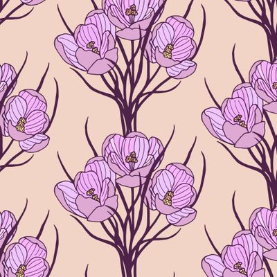 Seamless pattern of saffron flowers, crocus.