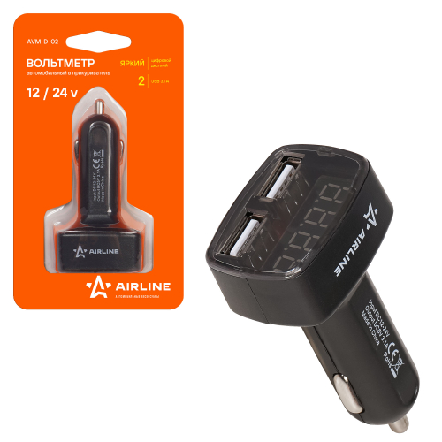 Вольтметр Airline в прикуриватель 12/24В 2USB 3.1A