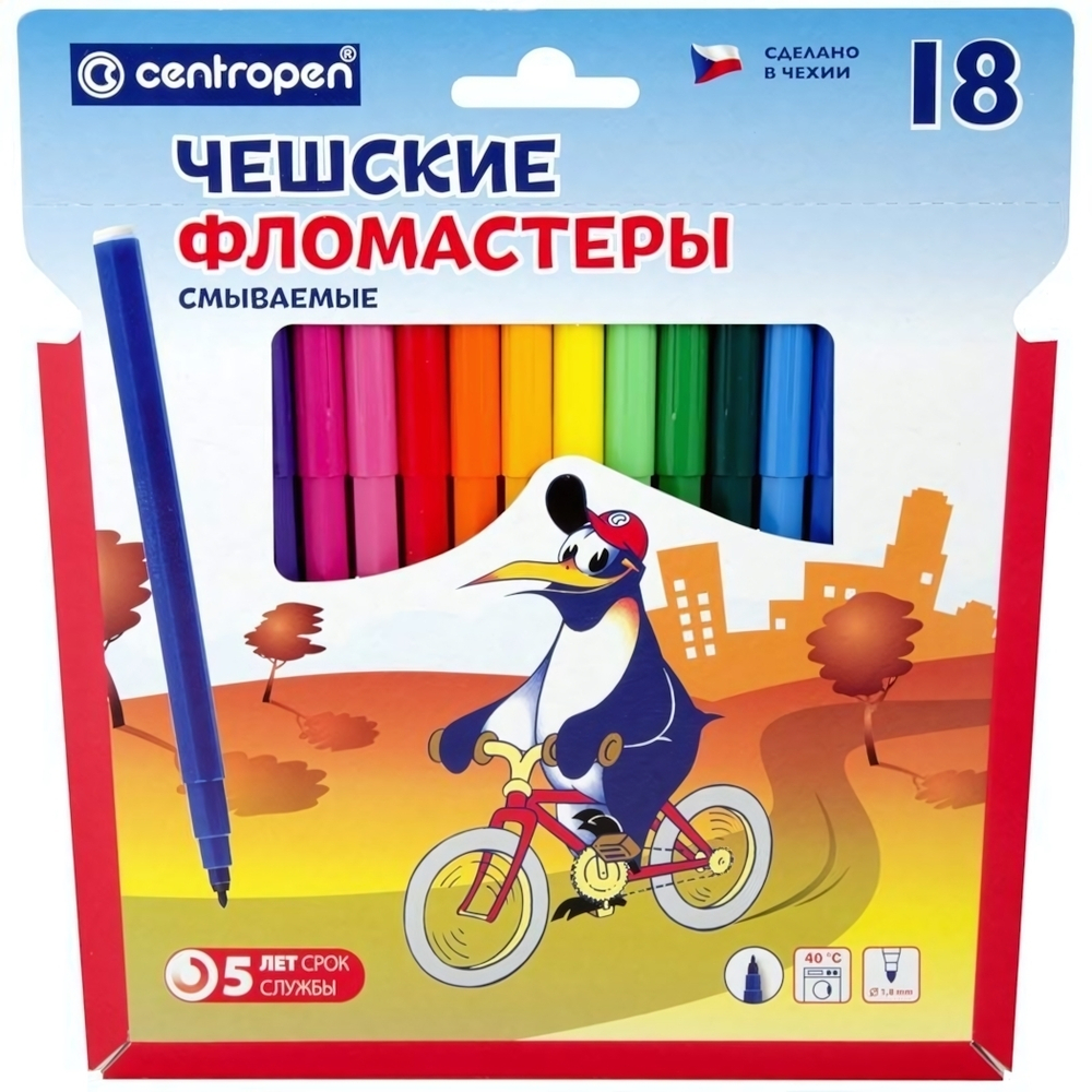Фломастеры 18цв., смываемые "Пингвины" (Centropen)