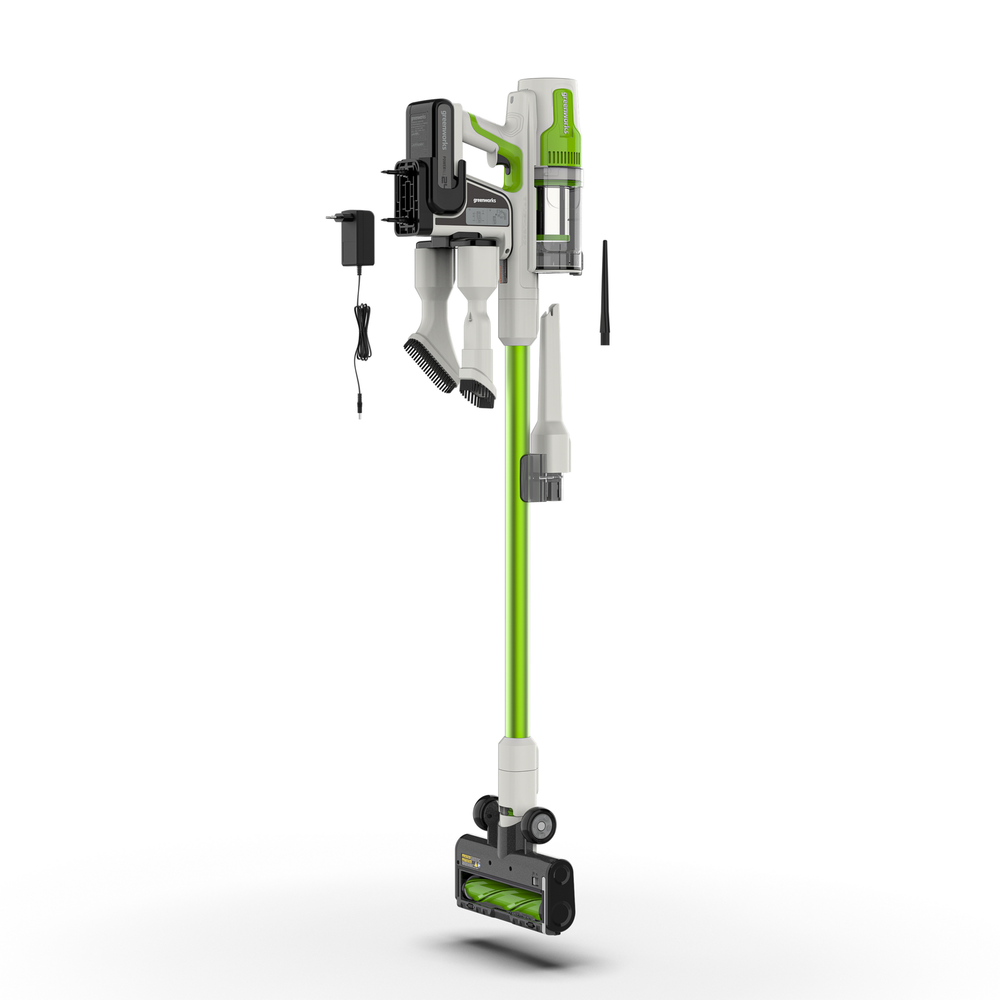 Пылесос вертикальный акк. Greenworks SV24532, 24V, б/щет, 350 Вт, 21 кПа, электрощетка, 3 насадки, LED, белый+зеленый, 1х4Ач и ЗУ (4702007UB)