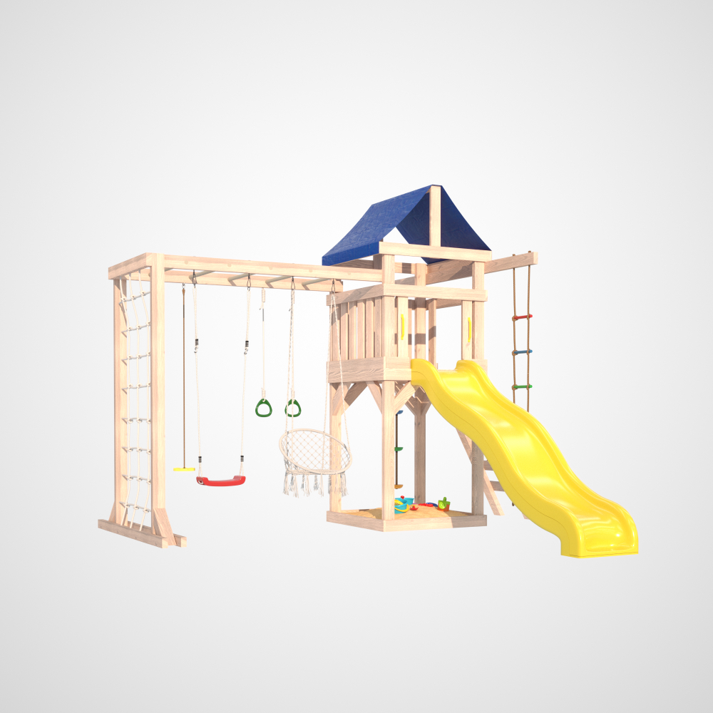 Детская площадка неокрашенная Fun Land с модулем сетка-рукоход, подвесным креслом и качелями