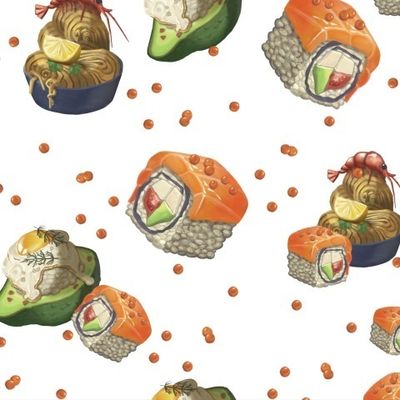Delicious sushi. Watercolor seamless pattern