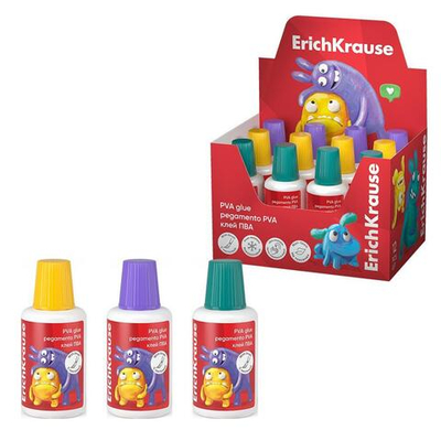 Клей ПВА с кисточкой 20мл, разноцветный принт "EasyStick. Jolly Friends" (ErichKrause)