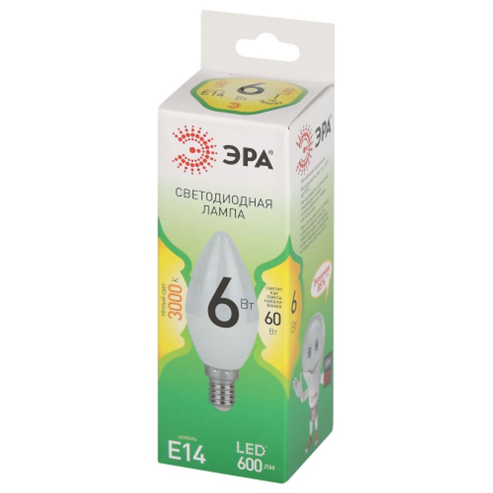 Лампа светодиодная ЭРА GREEN LINE LED B35-6W-830-E14 GL 6Вт свеча теплый свет E14 | Лампы cветодиодные Свеча (B/C)