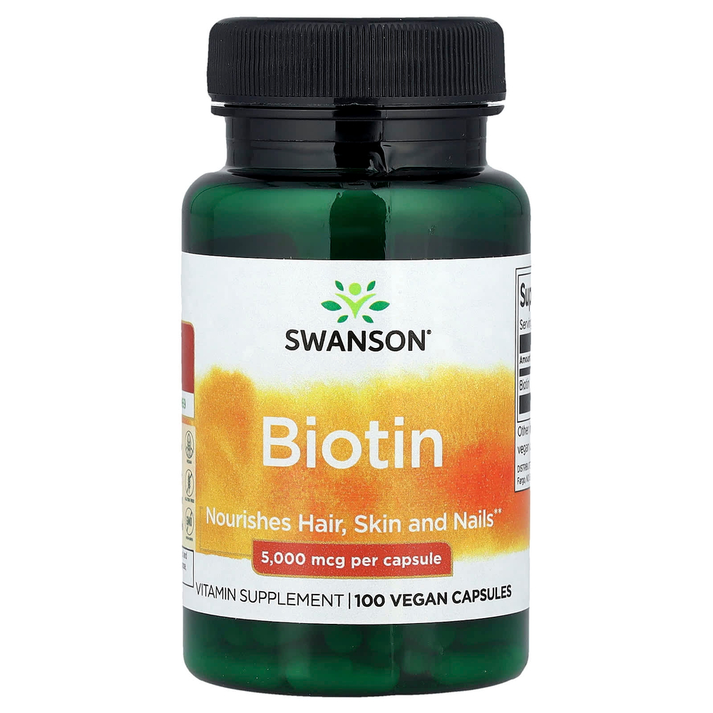 Swanson Vitamins, биотин, 5000 мкг, 100 веганских капсул