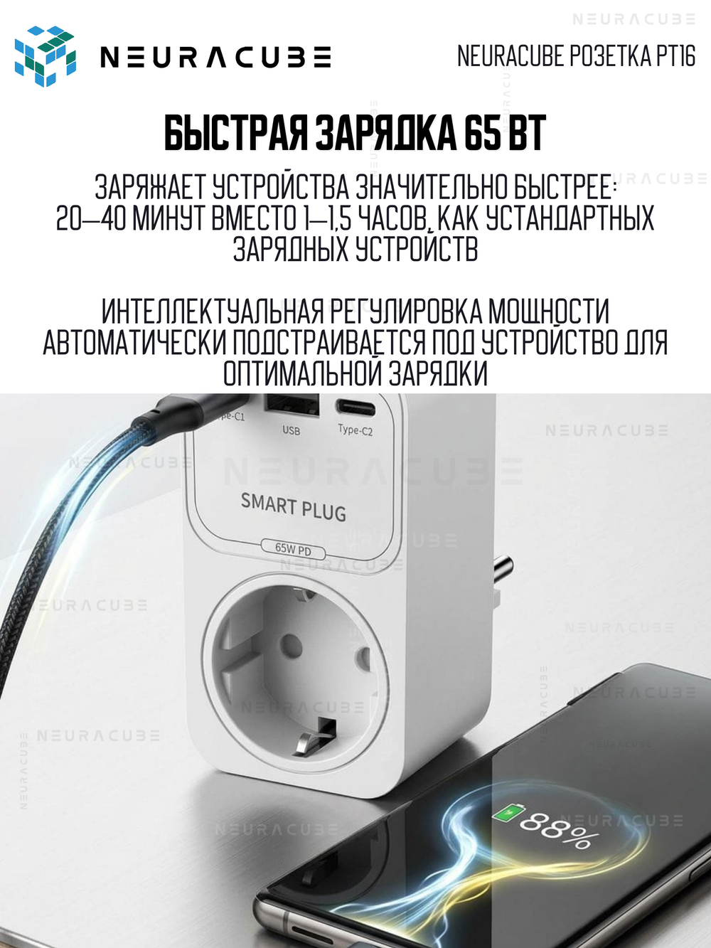 Умная WiFi розетка NEURACUBE TP16, 16A/3500Вт (С функцией быстрой зарядки)