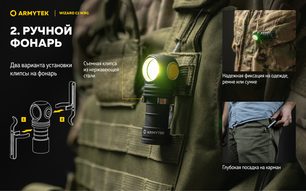 Фонарь с красно-зеленым и белым светом Armytek Wizard C1 WRG [F10601C]