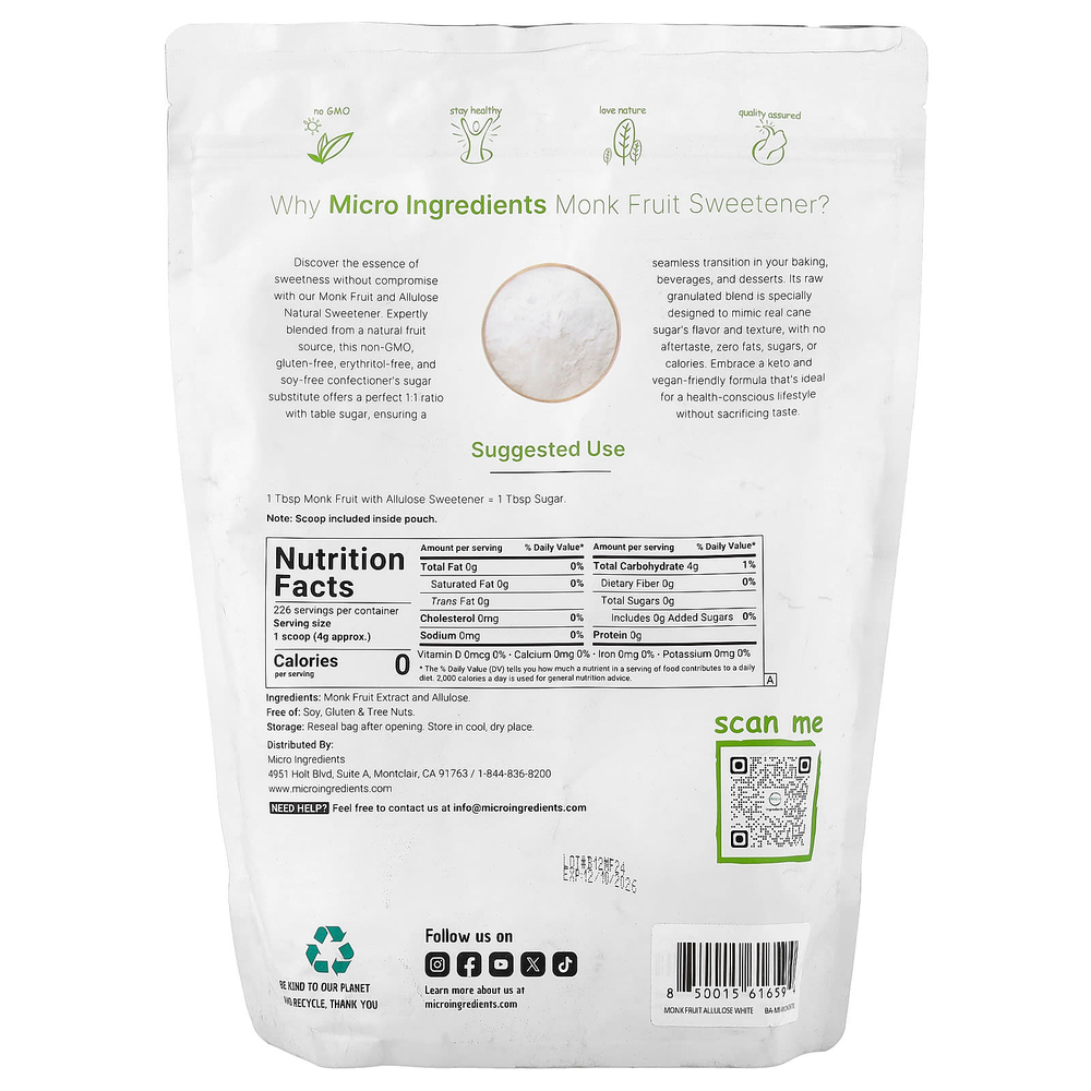 Micro Ingredients, подсластитель из архата с аллюлозой, классический белый, 907 г (2 фунта)