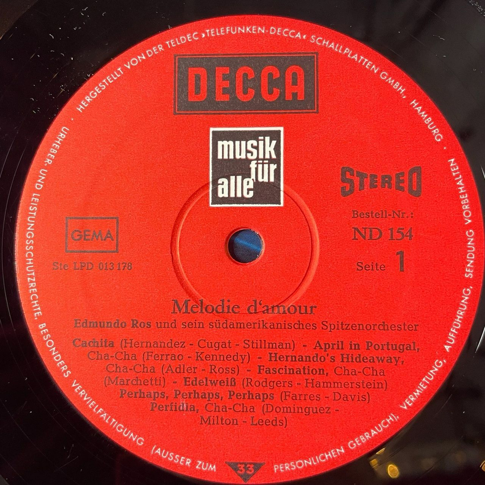 Винтажная виниловая пластинка LP Edmundo Ros and His Orchestra Melodie D'Amour (Germany 1972)