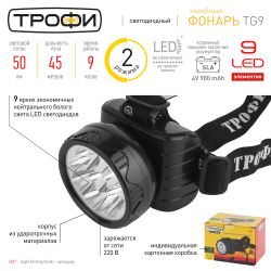 Фонарь налобный светодиодный Трофи TG9 аккумуляторный мощный яркий 2 режима черный | Налобные фонари