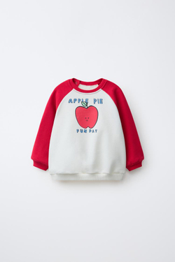 ZARA ТОЛСТОВКА РЕГЛАН С ЯБЛОКОМ, ЭКРЮ/КРАСНЫЙ