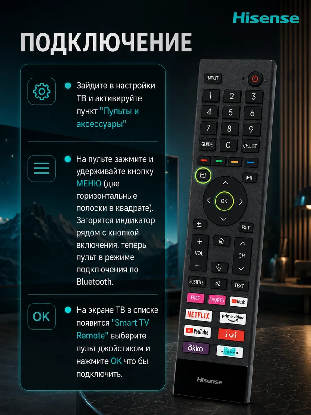 Оригинальный беспроводной Bluetooth-пульт дистанционного управления с голосовым вводом и микрофоном для LCD Smart TV телевизоров Hisense, HUAYU, ClickPdu PDU21445 (ERF3E80H, 21445, HBT026, HBT032, ERF3E80H-deezer, ERF3A80, ERF3B80H, EN3A70, RM-L1736)