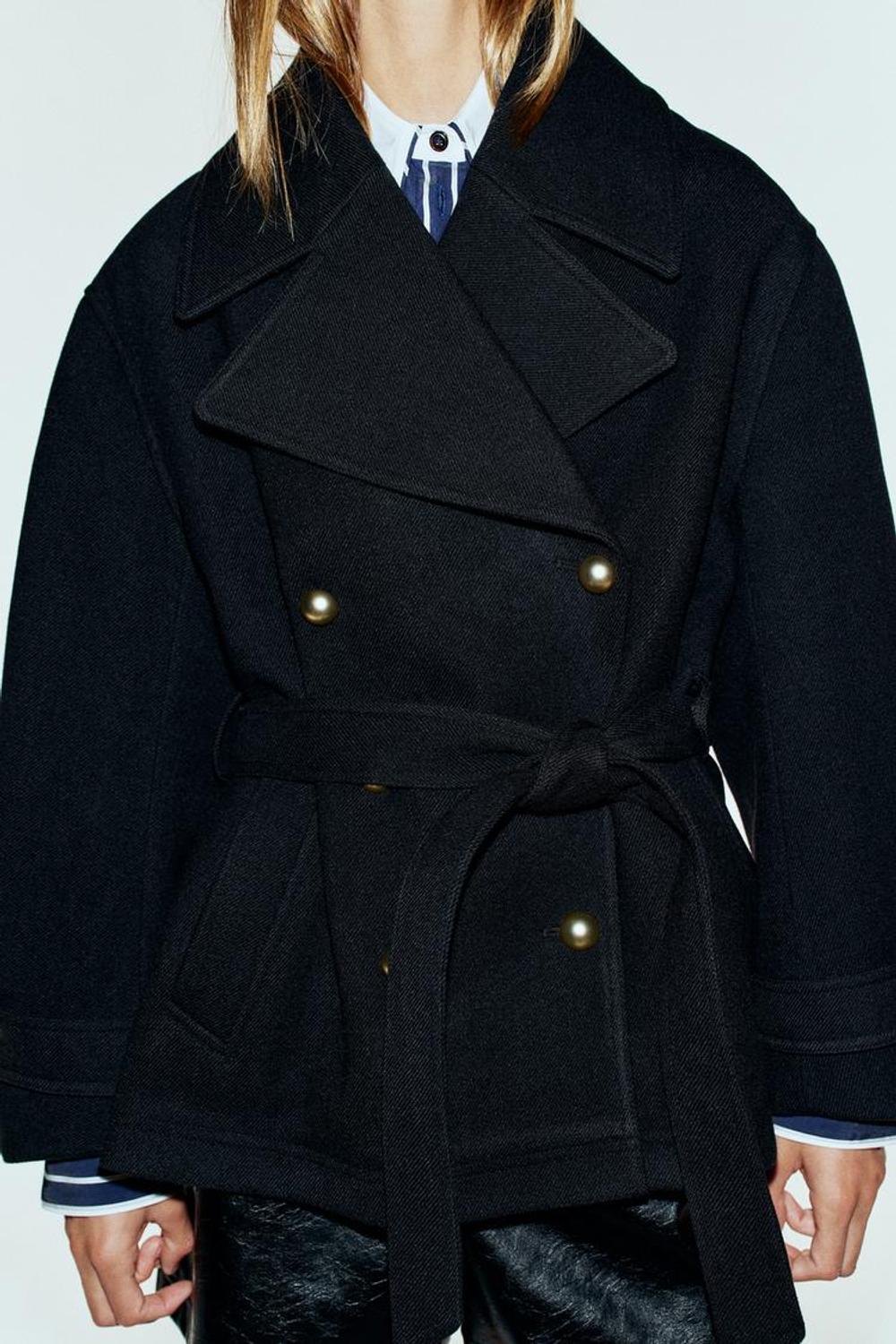 ZARA ДВУБОРТНОЕ ПАЛЬТО С ПОЯСОМ, ЧЕРНЫЙ