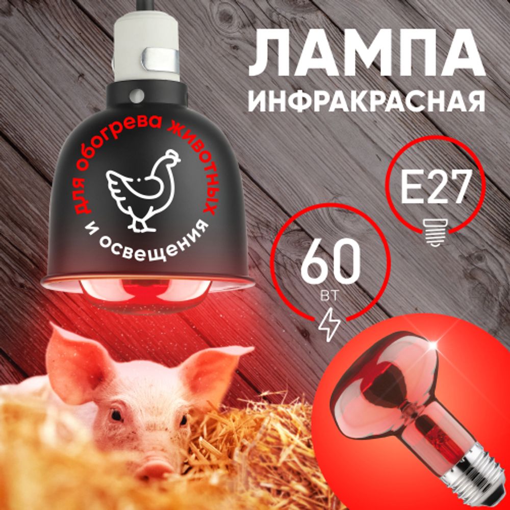 Термоизлучатель инфракрасный зеркальный ЭРА ИКЗК 230-60 R63 для обогрева животных и освещения 60 Вт Е27 | Инфракрасные лампы
