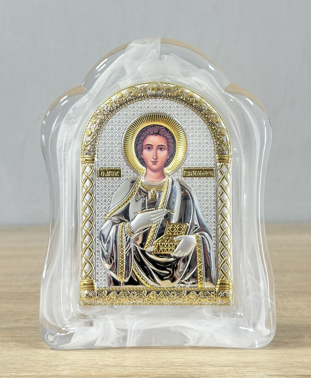 Пантелеймон, икона арочная, белое муранское стекло 86х112