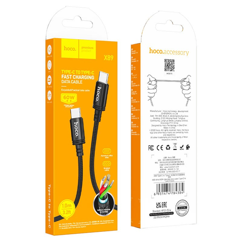 Usb Кабель-зарядка Type-C на Type-C Hoco X89 3A 60W 1м тканевый черный