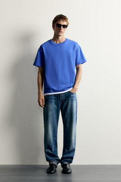 ZARA ФУТБОЛКА RELAXED FIT С КОНТРАСТНЫМИ ДЕТАЛЯМИ, ЯРКО-СИНИЙ