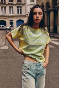 ZARA ХЛОПКОВАЯ ФУТБОЛКА В ПОЛОСКУ С ЛЬНОМ, ЛИНЯЛЫЙ ЗЕЛЕНЫЙ
