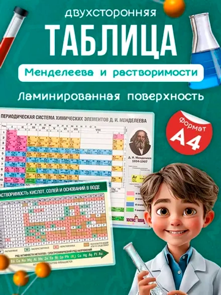 Плакат по химии А4, таблица Менделеева и растворимости