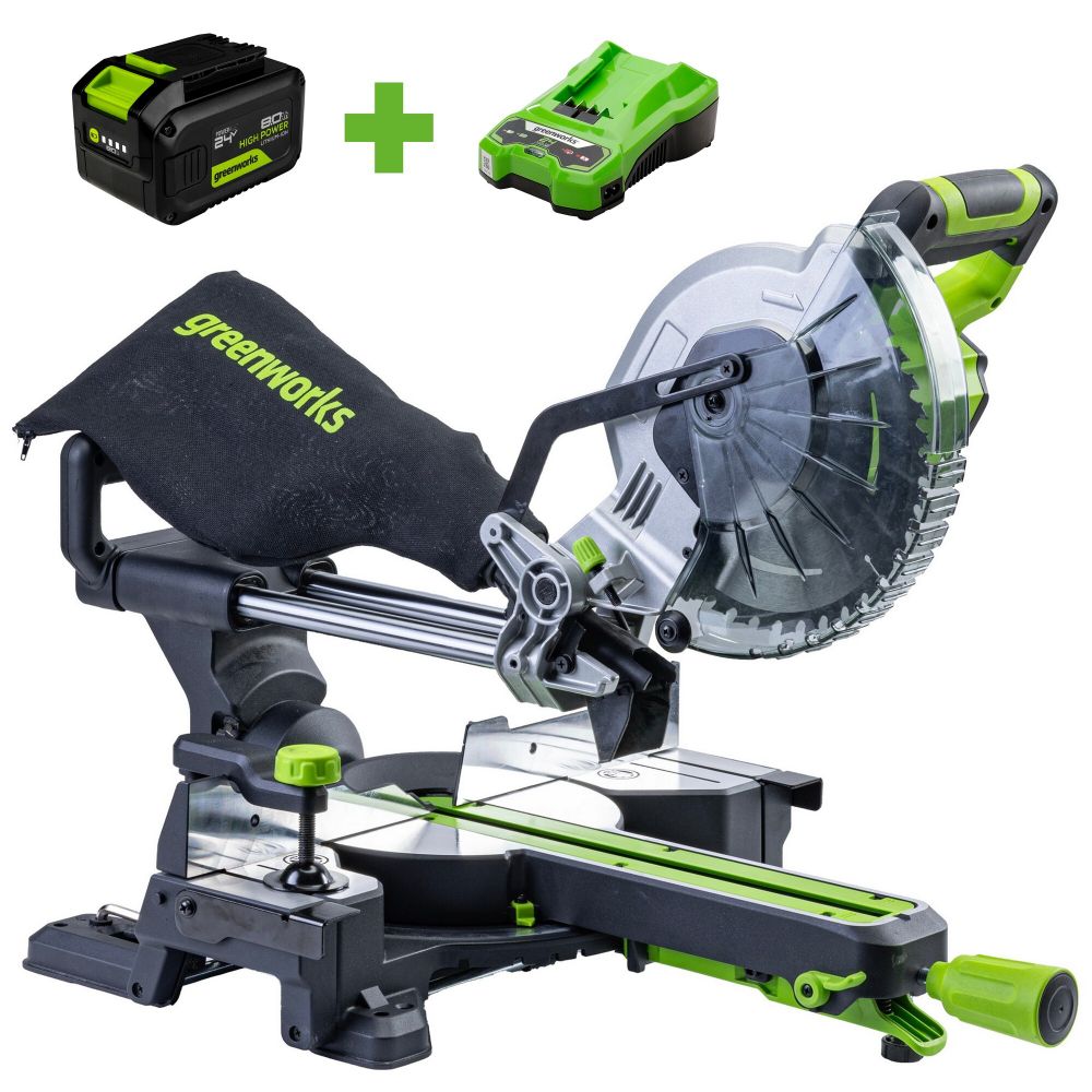 Торцовочная пила акк. Greenworks GD24MS216, 24V, б/щ, 4800 об/мин, 216x30мм,рез 65х310мм,c 1х8Ач и быстрым ЗУ(1501707UH)