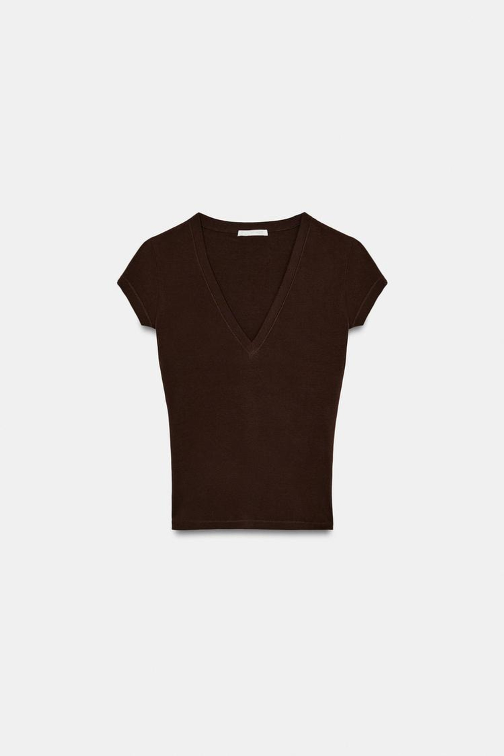 ZARA ФУТБОЛКА С V-ОБРАЗНЫМ ВЫРЕЗОМ, КОРИЧНЕВЫЙ