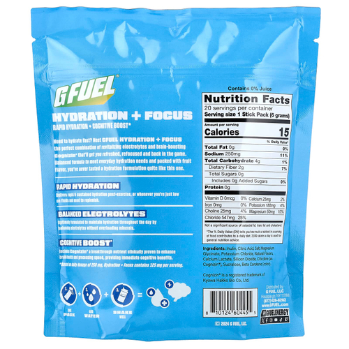 G FUEL, Hydration + Focus, смесь для приготовления электролитического напитка с Cognizin®, лимонный свет, 20 пакетиков по 6 г (0,21 унции)