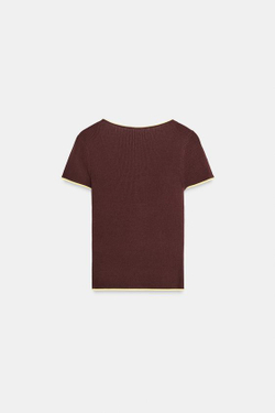 ZARA ТОП С КОНТРАСТНОЙ ОТДЕЛКОЙ И КОРОТКИМИ РУКАВАМИ, КОРИЧНЕВЫЙ