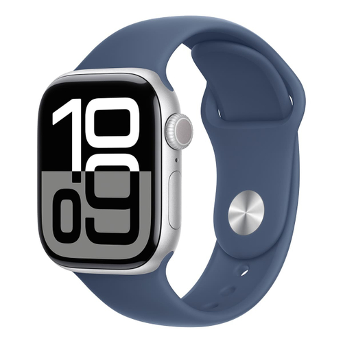 Apple Watch Series 10, 46 мм корпус из алюминия цвета «Silver», ремешок Sport Band размера S/M цвета «Denim»