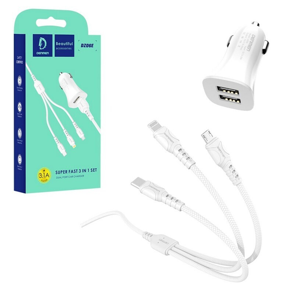 Автомобильная зарядка 12В 15W 2гнUSB 3.1А DENMEN DZ06E с кабелями microUSB/Type-C/Lightning