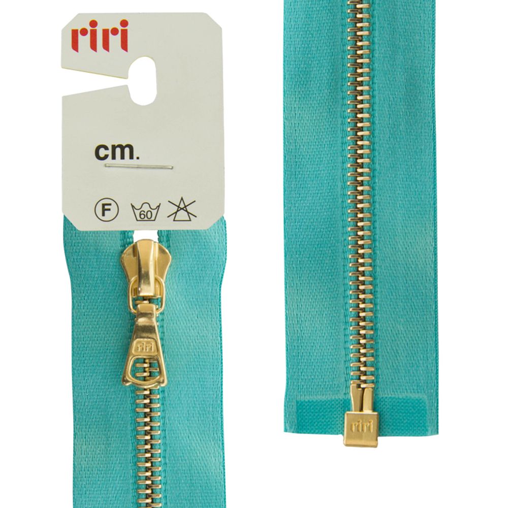 Молния металл RIRI Т4 (4 мм) 1 зам., разъем., 70 см, Gold, атласная тесьма, цв.5859, бирюзовый, 1 шт