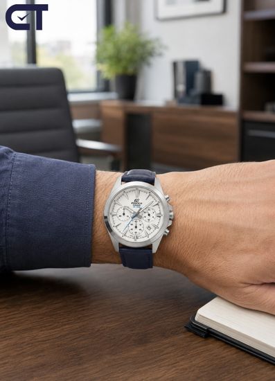 CASIO EFV-630L-7AVUDF EDIFICE мужские наручные часы — классический хронограф со светлым циферблатом и кожаным ремешком
