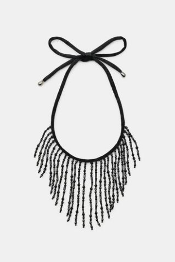 ZARA БАРХАТНОЕ ОЖЕРЕЛЬЕ С БУСИНАМИ, ЧЕРНЫЙ