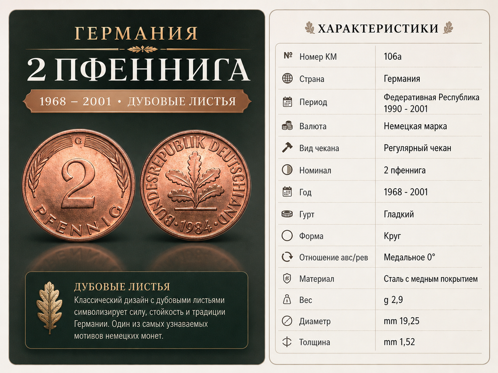 Германия - ФРГ 2 пфеннига, 1984 G Дубовый лист XF