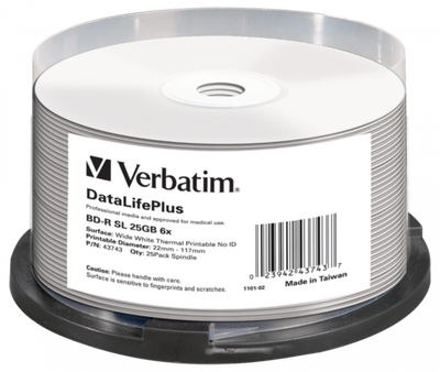 Оптический диск Verbatim BD-R SL 25GB 6X DataLifePlus Wide Termal Printable No ID, Spindle, 25 шт