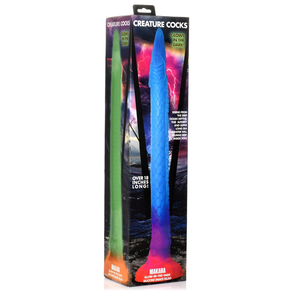 Фантазийный люминесцентный фаллоимитатор в форме змеи Makara Glow-in-the-Dark Silicone Snake Dildo - 46 см. (Цвет: синий)
