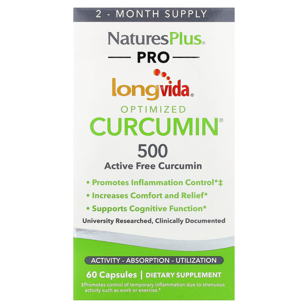 NaturesPlus, Pro Longvida®, оптимизированный куркумин, 500 мг, 60 капсул