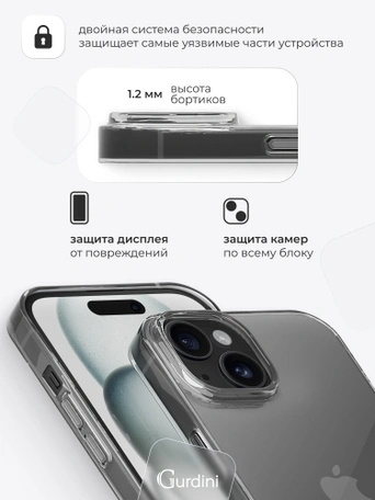 Чехол накладка iPhone 15 6.1" Gurdini силикон Ultra Twin 1 mm прозрачный