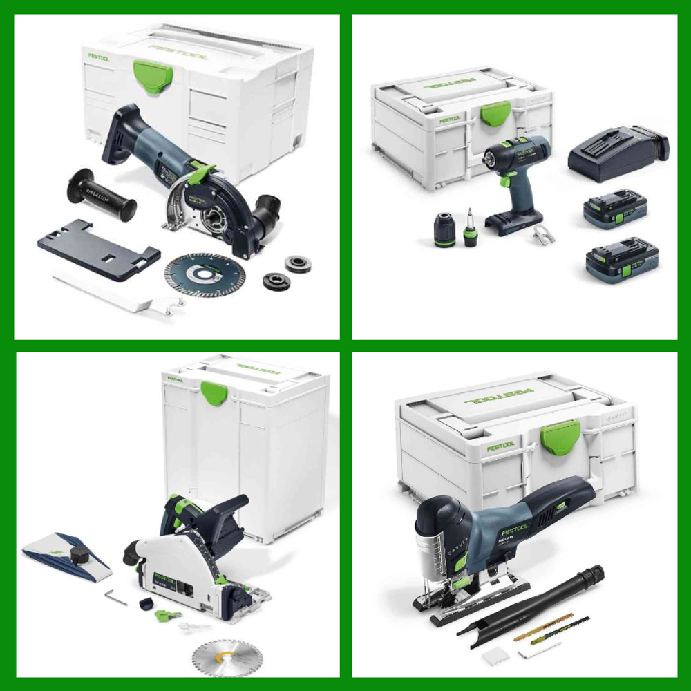 Новинка! Комплект аккумуляторный FESTOOL РАСШИРЕННЫЙ: Дрель - шуруповерт с двумя аккумуляторами, быстрозарядным устройством, Погружная пила TSC 55, Маятниковый лобзик, Алмазная ручная отрезная система с УШМ в систейнерах N0155-4AM