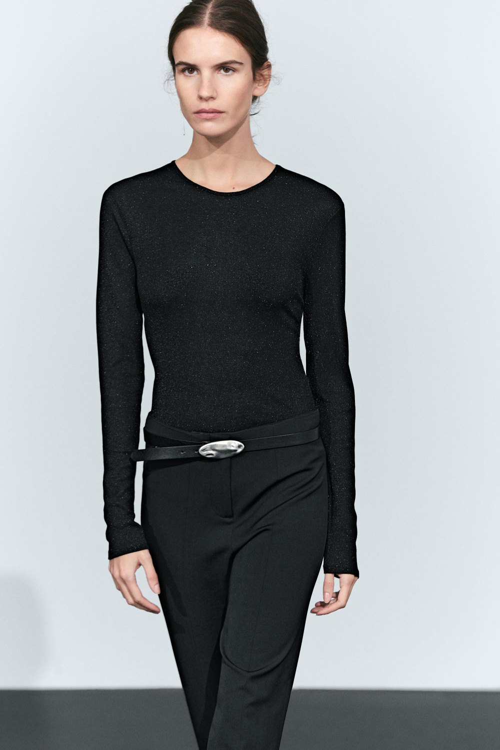 Massimo Dutti Футболка с длинными рукавами с металлическим блеском, черный