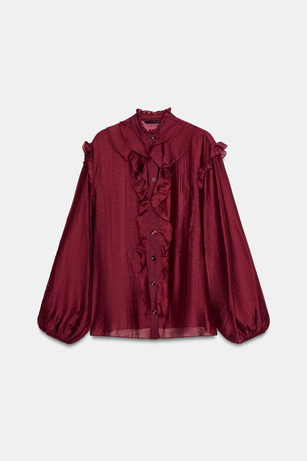 ZARA ПОЛУПРОЗРАЧНАЯ БЛУЗА С ВОЛАНАМИ, БУРГУНДИ